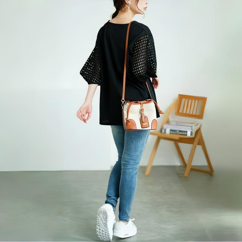 Japanese Korean Summer Women's Hollow Sleeve Patchwork Loose T-shirt
