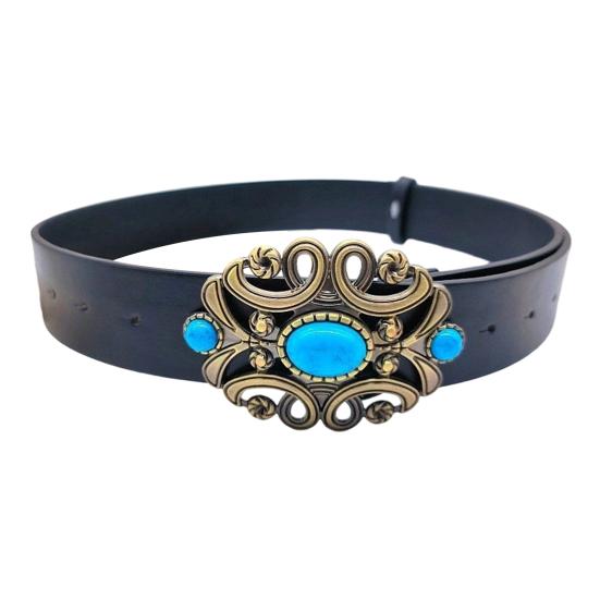 Retro Western Turquoise Belt with Distressed Silver Color Carved Buttons Natural Blue Turquoise Rodeo Style Cowboy Cowgirl Waistband
