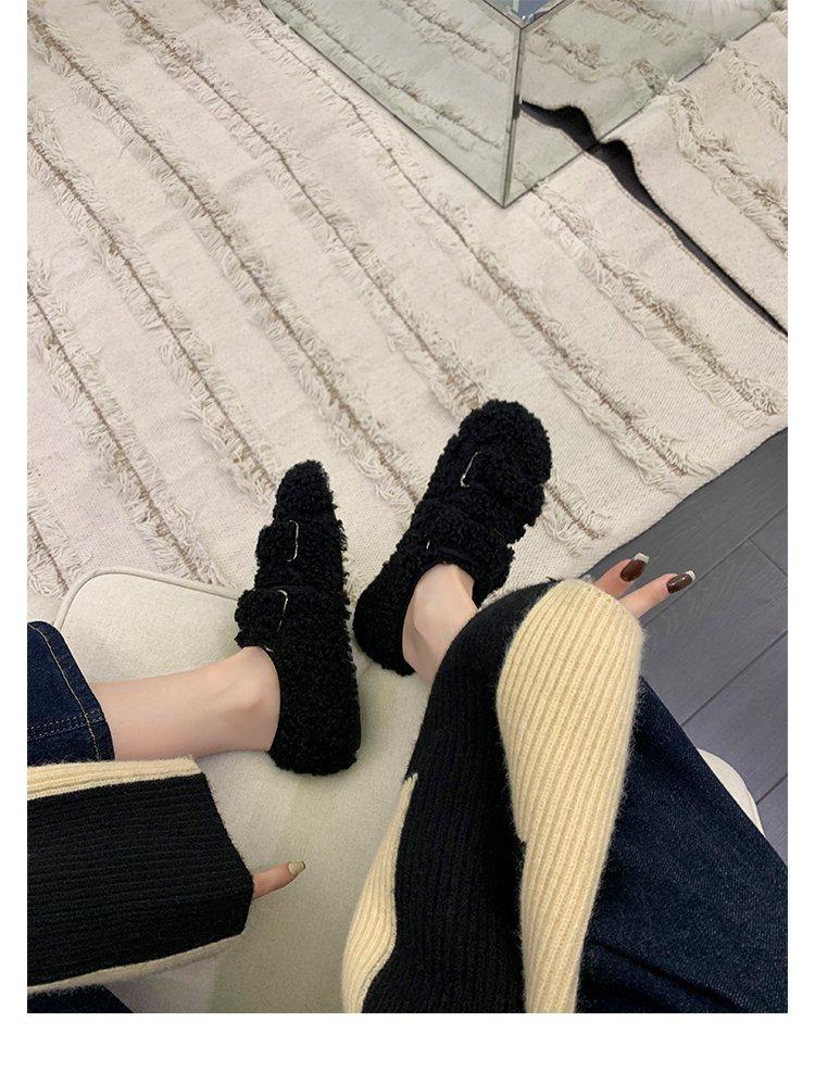 ins gentle wind~ giant warm~ cross one pedal cover foot flat bottom fluffy shoes women wear round head single shoes in winter