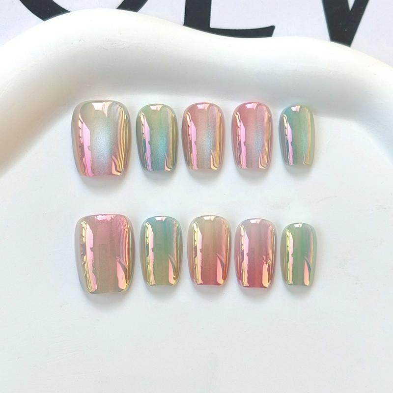 10Pcs Electroplated Colorful Cat Eye Glass Short Round Square Head Press On Nails Versatile False Nail Tips For Women