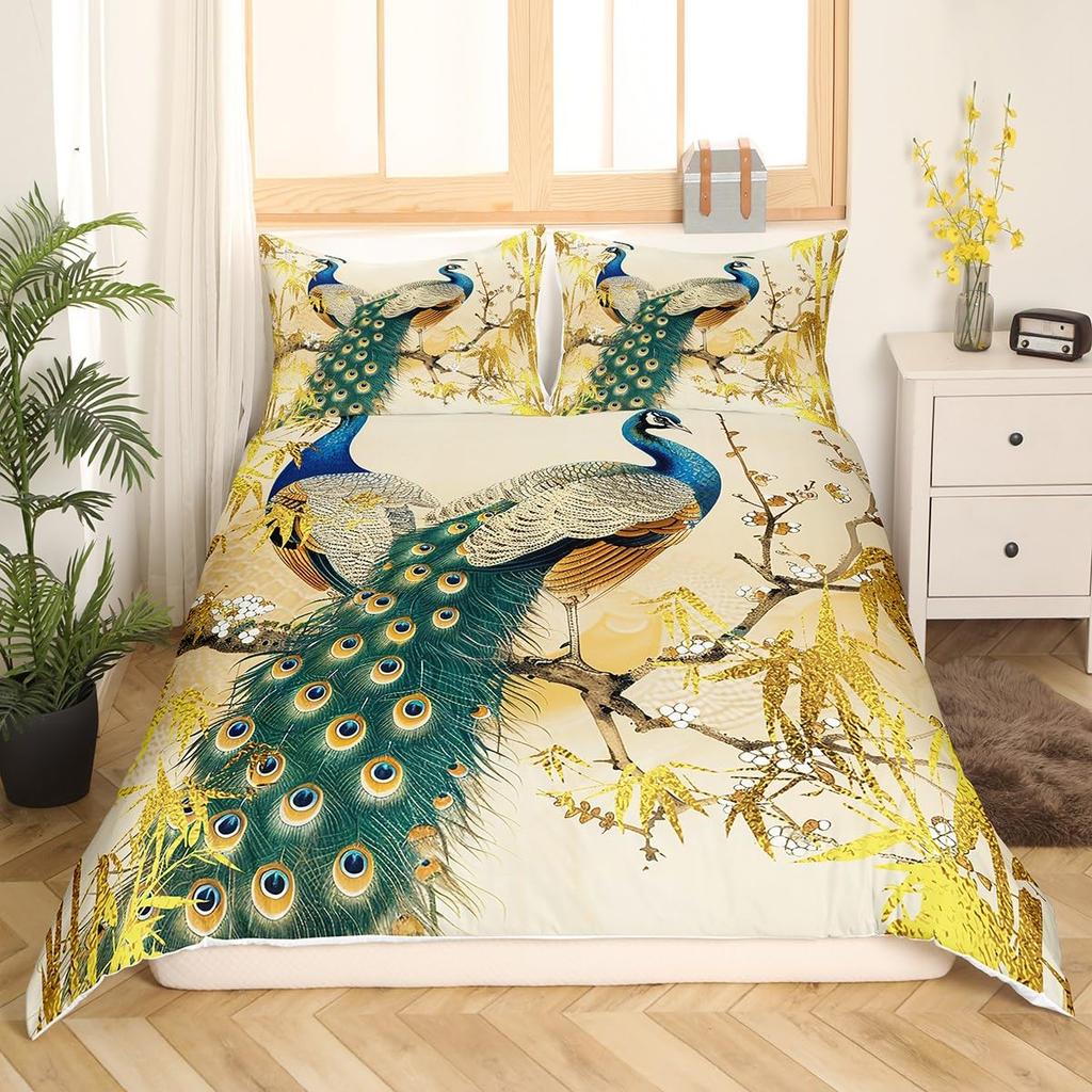 Peacock Duvet Cover Set Simple Peacock Feathers Pattern Queen Comforter Cover Girls Women 3 Piece Bedding Sets Bedroom Decor