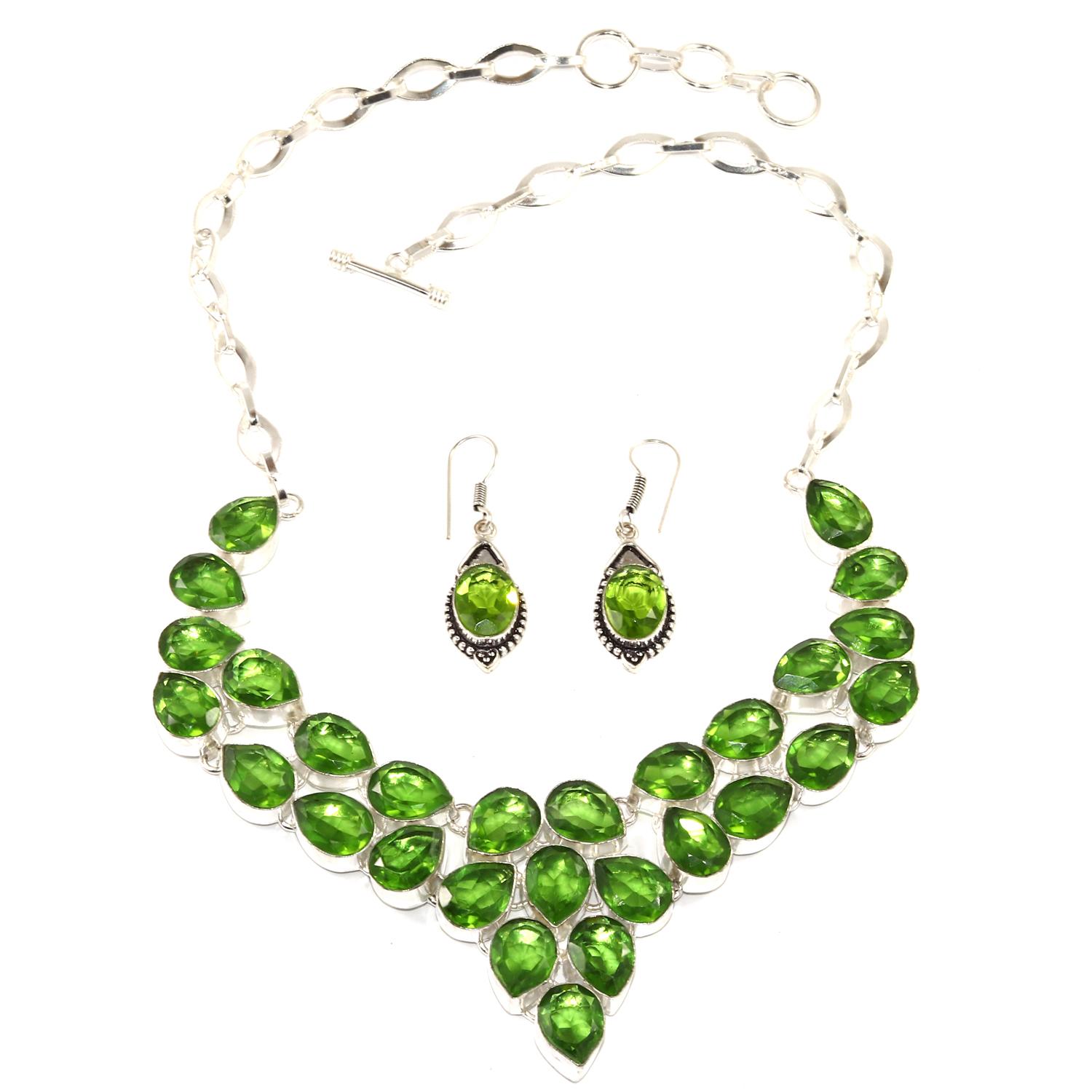 

Peridot Quartz Gemstone Silver Jewelry Necklace Earring 16-18