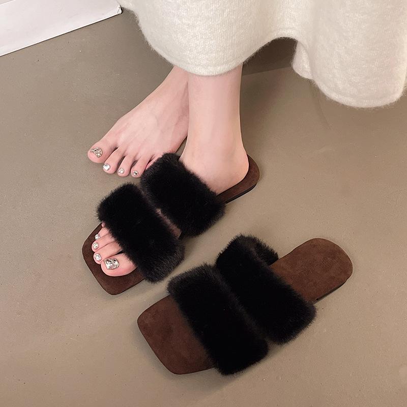 French Flat-bottomed Fluffy Slippers Women's Outer Wear 2025 New Autumn and Winter Skirt Home Fluffy One-word Cotton Slippers