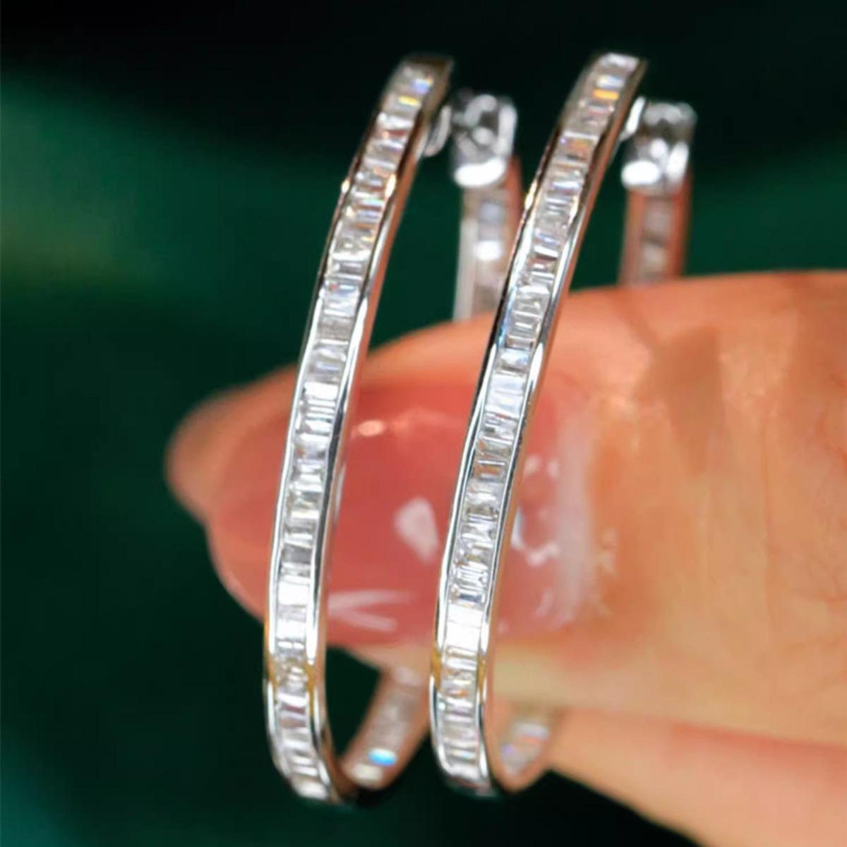 Baguette Cut Stone Full Lined Hoop Earrings Minimalist Sparkling Elegant Women Jewelry