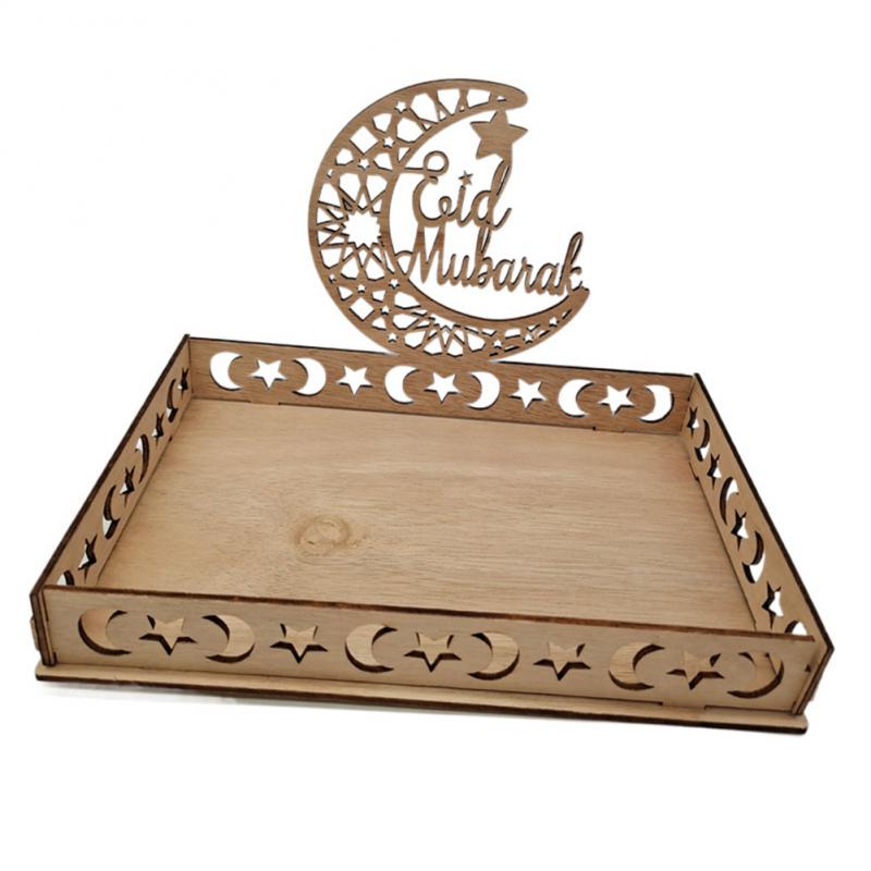Eid Mubarak Wooden Food Tray Ornament Islamic Eid Al-fitr Ramadan Table Decoration Dessert Tray Crafts Party Holiday Decorations