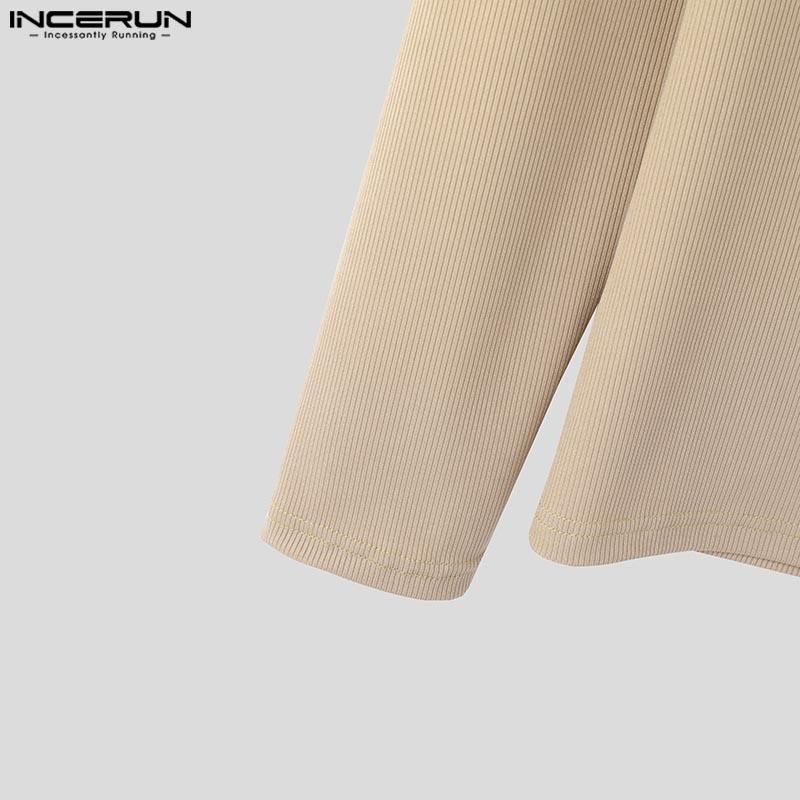 INCERUN Men V Neck Long Sleeve Rib Casual Skinny Tops T-shirts Undershirts