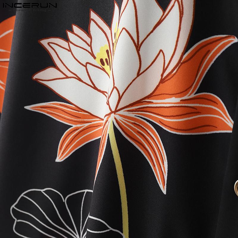 INCERUN Cămăși Topuri Bărbați Casual Largi cu Rever Mânecă Scurtă Imprimeu Floral Supradimensionate