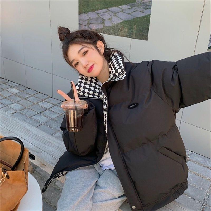 Chessboard Plaid Cotton Coat Women's Winter Retro Harajuku Thick and Loose Bread Suit Unique Design