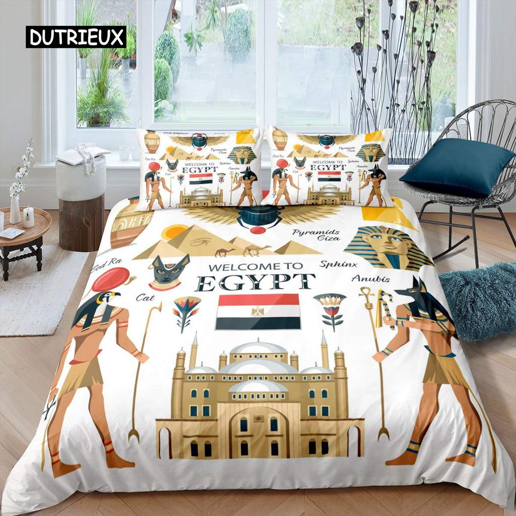 Ancient Egypt Duvet Cover Set Egyptian Symbol Bedding Set Vintage Pharaoh Pyramid Boho Tribal Polyester Quilt Cover 2/3pcs Queen