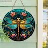 Vintage Holzschild mit Libellen- und Blumenmuster - Künstlerisches rundes Ornament für Haustür, Wandbehang-Dekor - Ideale Hängedekoration für Zuhause