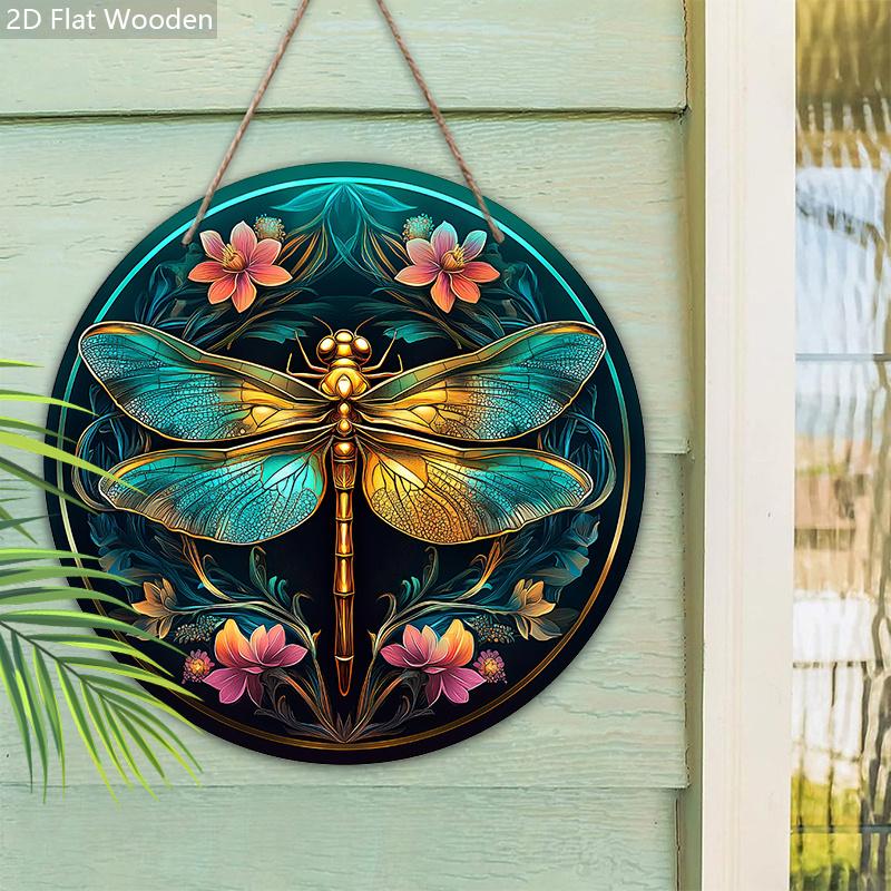 Vintage Holzschild mit Libellen- und Blumenmuster - Künstlerisches rundes Ornament für Haustür, Wandbehang-Dekor - Ideale Hängedekoration für Zuhause