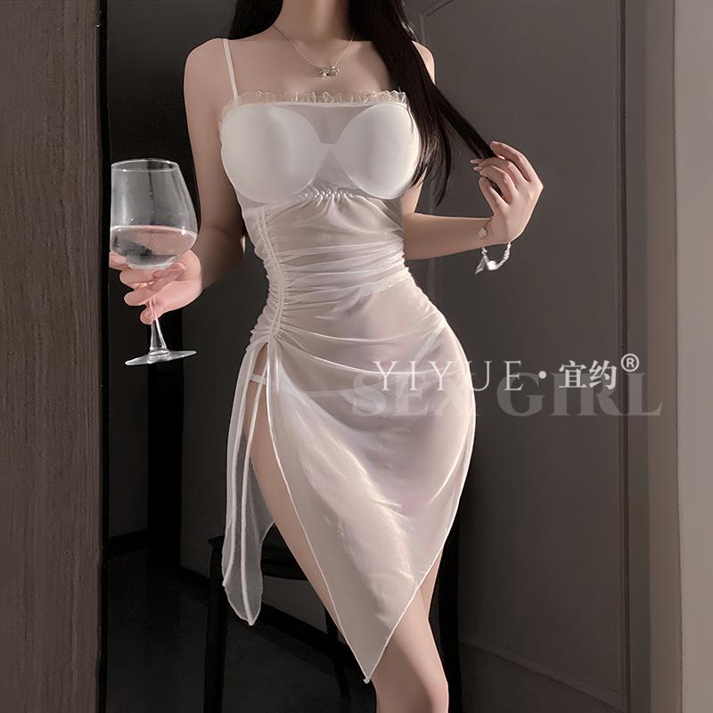 Erotic Underwear, sexy sheer chiffon chest cushion, gathering nightdress, lace-up waist, see-through pajamas, no-take uniform 1278
