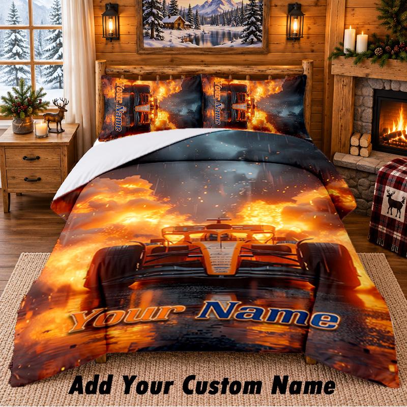 Lando Norris Muster Bettwäsche 3-teiliges Set Individueller Name, Bettlaken und Kissenbezüge für Zuhause Schlafzimmer