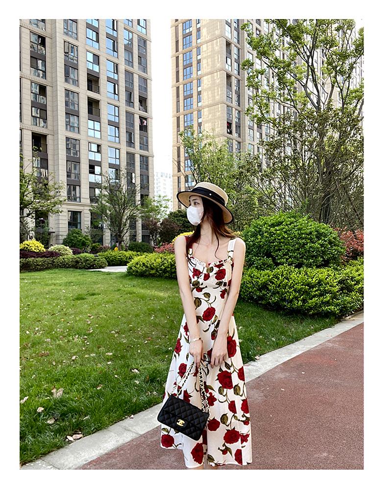 Women's French Retro Rose Floral Suspender Dress - Elegant and Chic Long Design