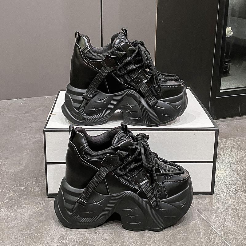 Módní dámské tenisky na vysoké platformě s protiskluzovou podrážkou, jarní vulkanizovaná obuv, 9,5 cm silná podrážka, kožené ležérní boty, robustní sportovní tenisky pro tátu