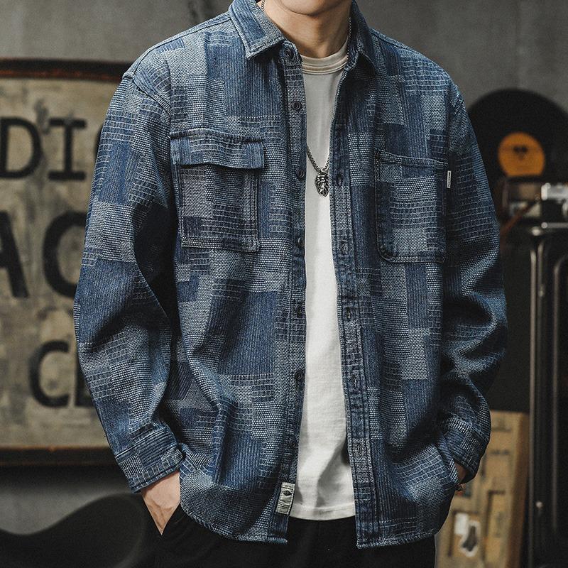 Spring and Autumn New Men's Long-sleeved Plaid Denim Loose Casual Shirt Jacket