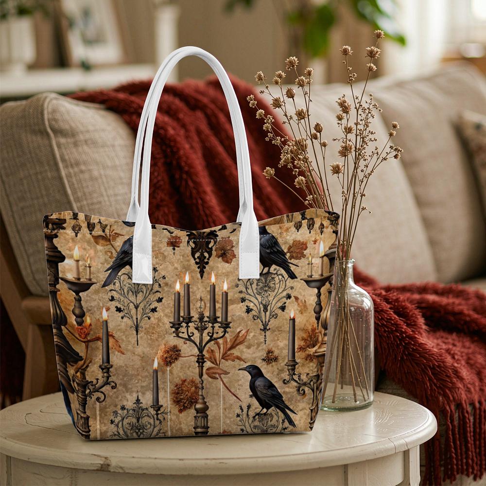 Gothic Crow Candelabra Pattern Tote Bag Vintage Dark Aesthetic Daily Shopping Shoulder Handbag