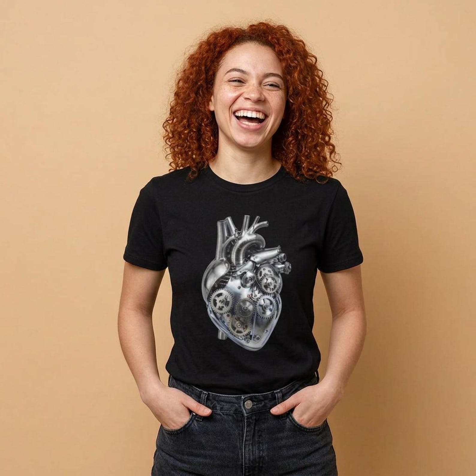 Mechanical Heart Graphic T-Shirt, Cyberpunk Style Back Print Tee, Futuristic Urban Streetwear,Edgy Artistic Apparel 4XL