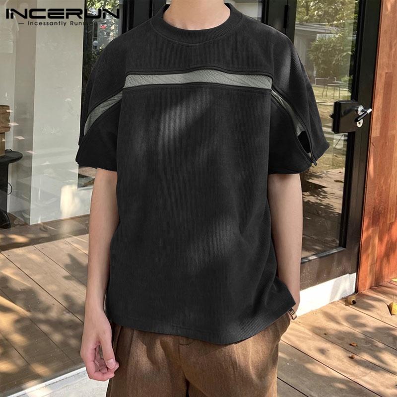 INCERUN Men Short Sleeve Hollow Patchwork Zip-up Casual Loose T-shirts