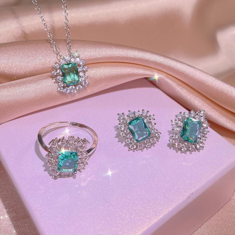 Popular Retro Style Ring Imitation Emerald Color Matching Creative Pendant Ring Set