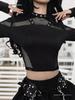 Punk Style Slim Fit Mesh Patchwork Hollow Long Sleeve T-shirt for Women