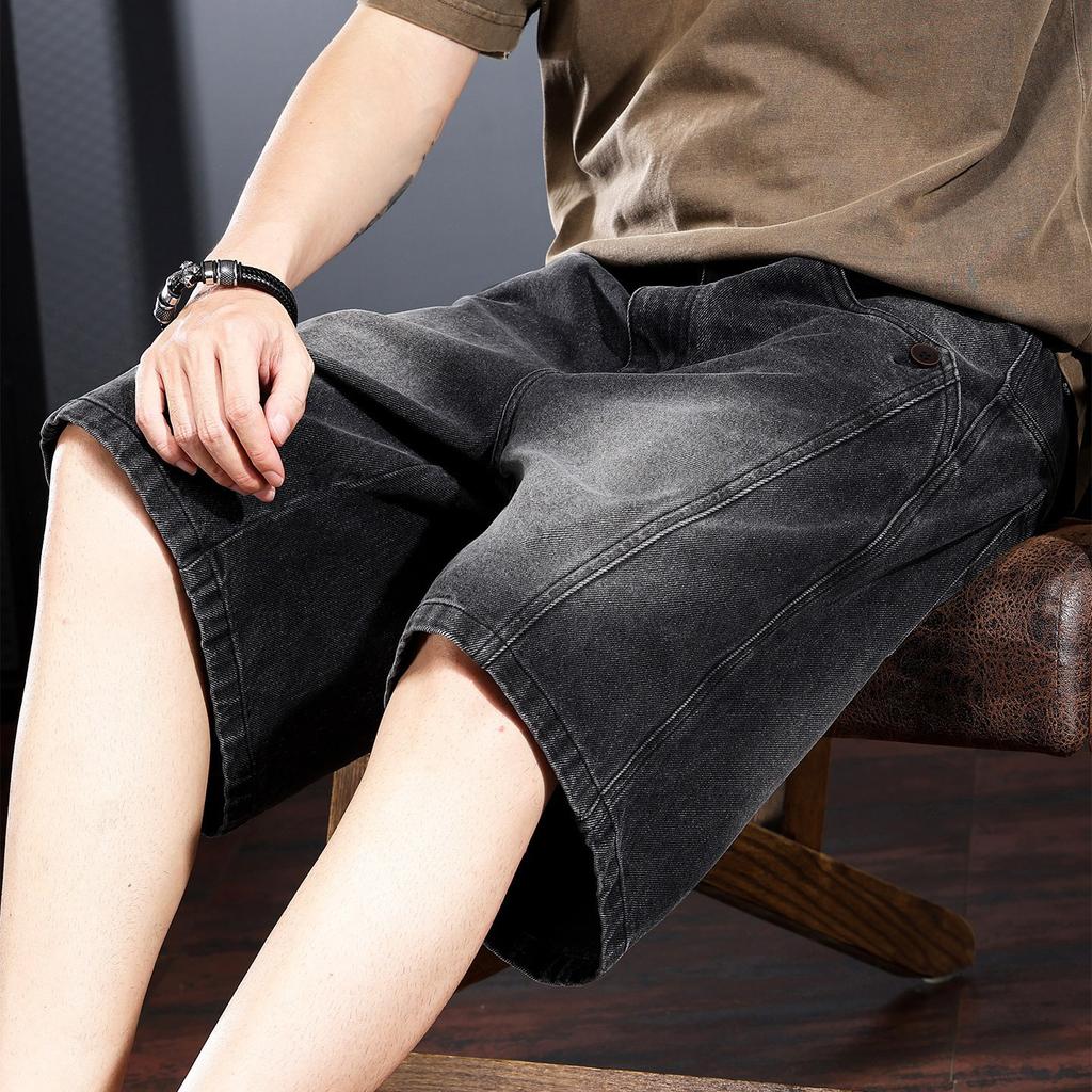 High-end American heavy men's denim shorts summer washed loose straight retro five-point medium pants men
