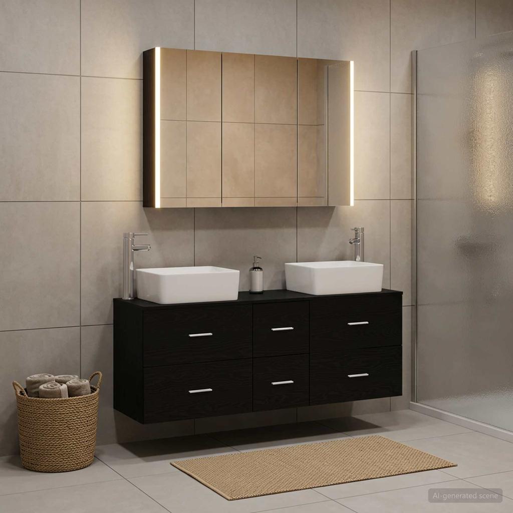 Bathroom Furniture Set 4 pcs Black Oak Engineered Wood and Glass