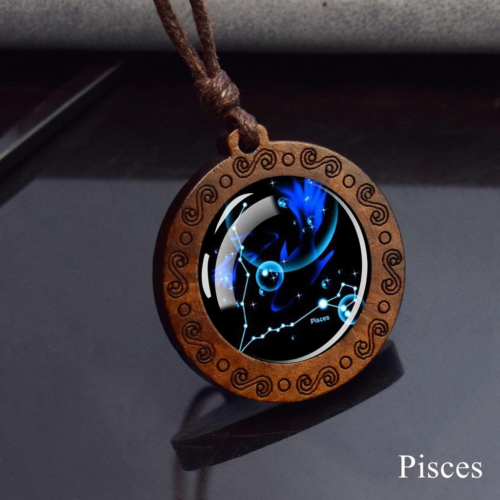 12 Constellation Necklace Starry Sky Zodiac Round Glass Wood Pendant Necklace Birthday Gift Couples Jewelry