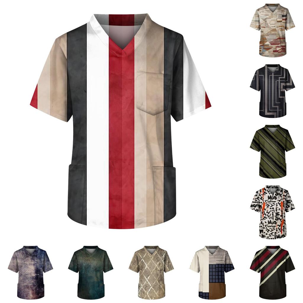 Mote Herre Kort Erm V-hals Trykket Arbeids Brystlomme Omsorgstopp