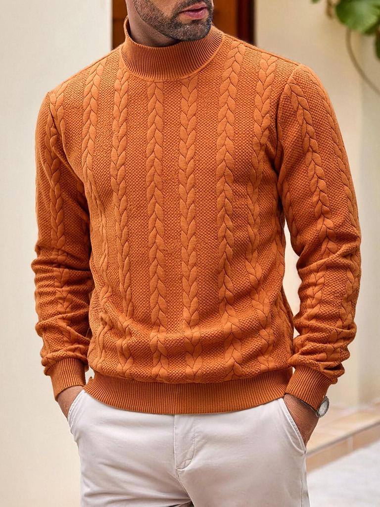European Men's High Collar Jacquard Sweater - Solid Color, Autumn/Winter Fashion