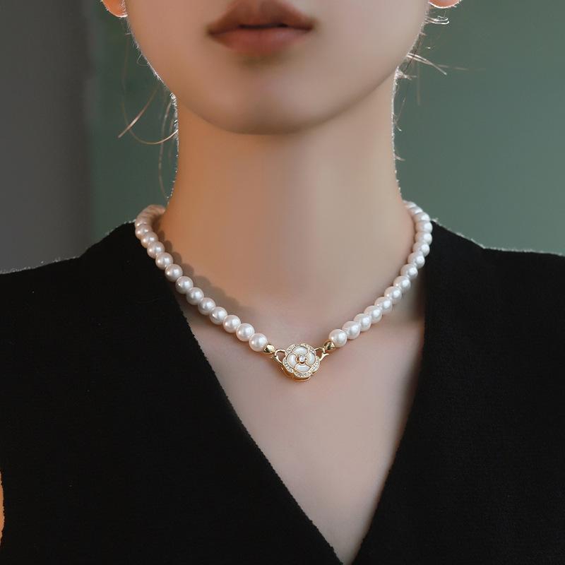 Camellia Shijia Pearl Necklace Women S Non-Fading Collarbone Neck Chain Niche Light Luxury Autumn And Winter Beaded Sweater Chain Jewelry