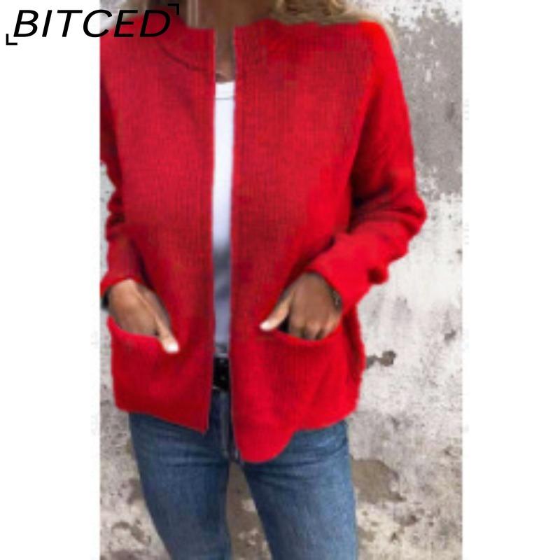 BITCED Autumn/Winter Women's Casual Fashion Solid-Colour Pocket Cardigan Jacket