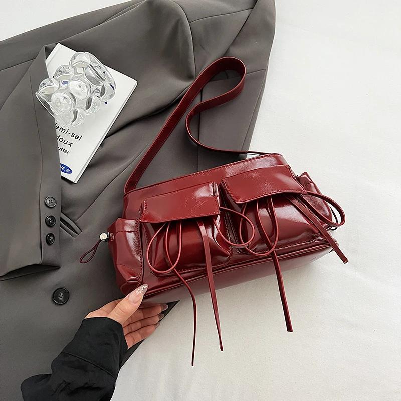 Fashion Underarm Shoulder Bag Red Silver Female Bag PU Leather Armpit Bag Chain Handbag Tote Clutch Bag High Capacity