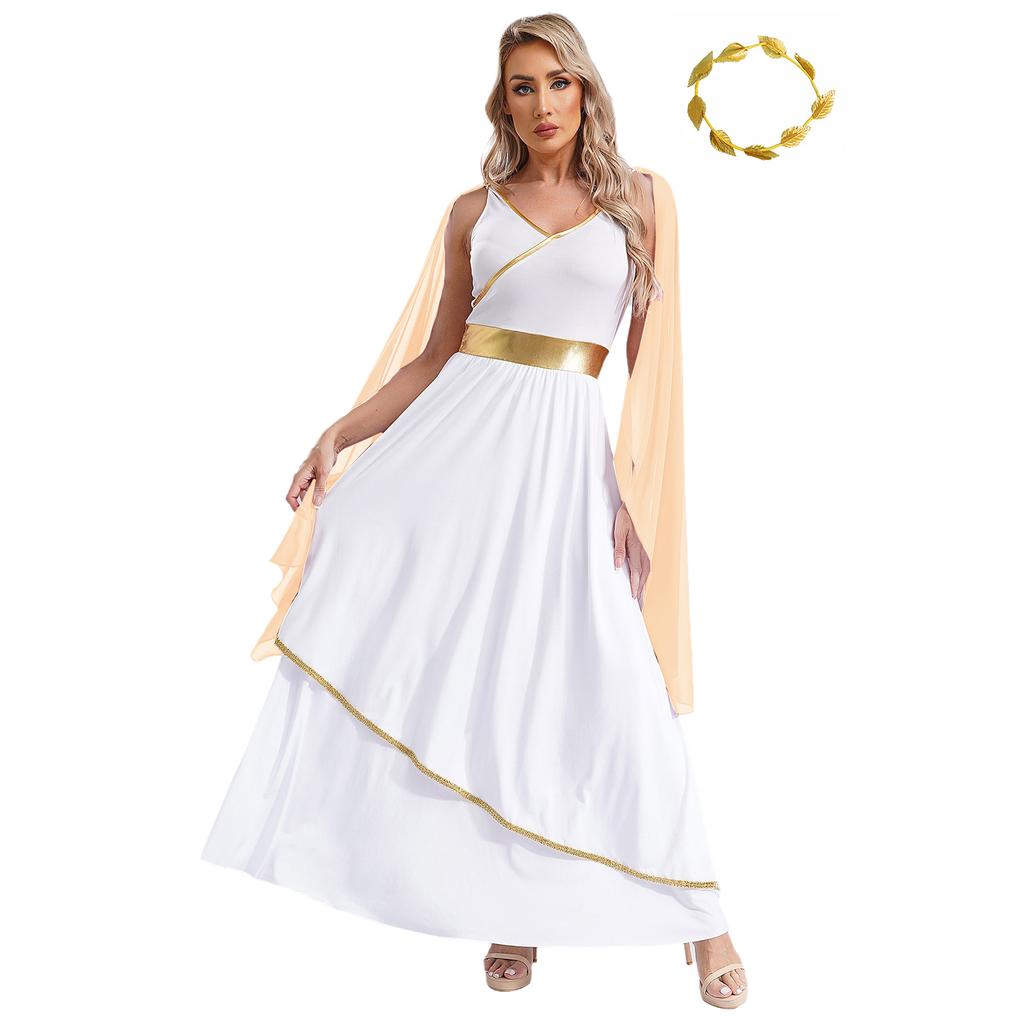Womens Ancient Greek Roman Queen Costume V Neck Sleeveless Gold Trim Toga Dress Artificial Leaf Garland Headwear