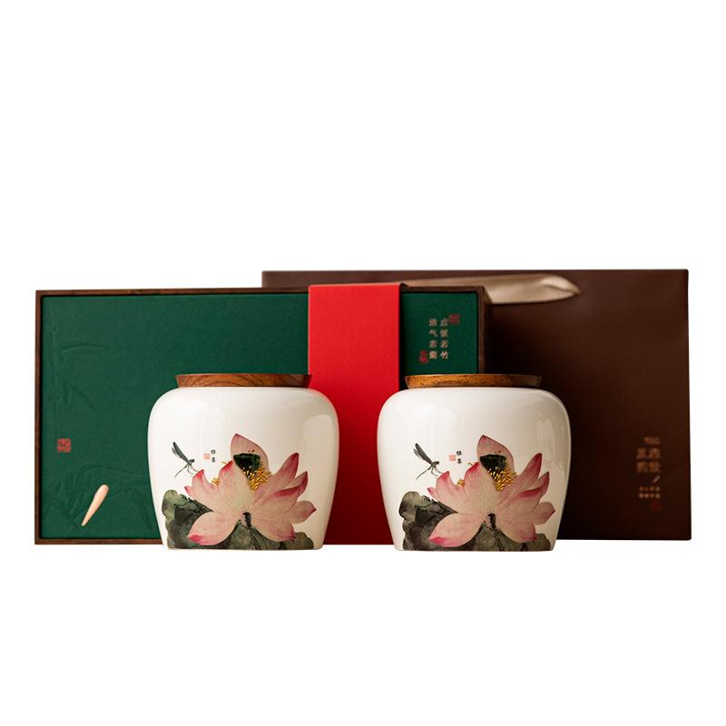 Retro ceramic tea can home large black tea green tea packaging box storage tea can Chinese lotus high-end gift box set
