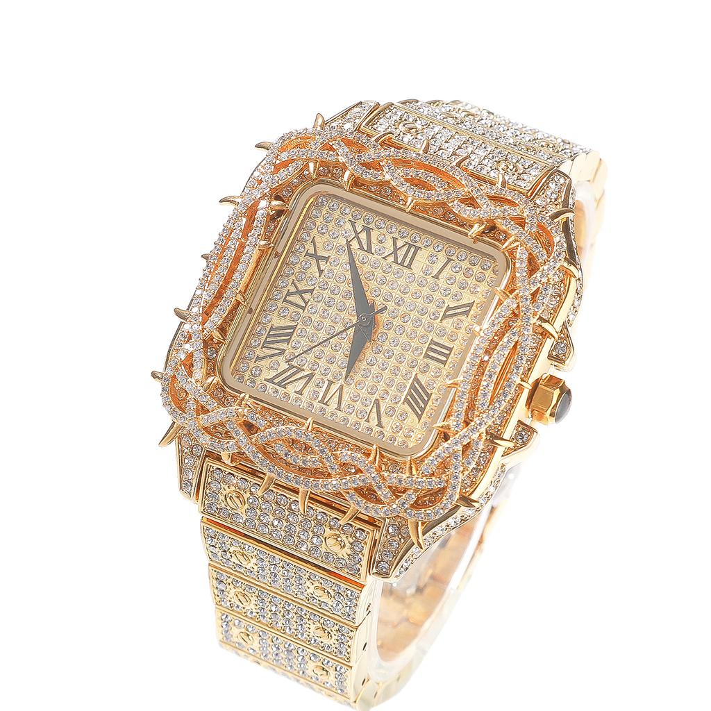 THE BLING KING Hip Hop Rapper Iced Out Thorn Encrusted Square Watch Men Full Rhinestone Square Roman Dial Quartz Wristwatch