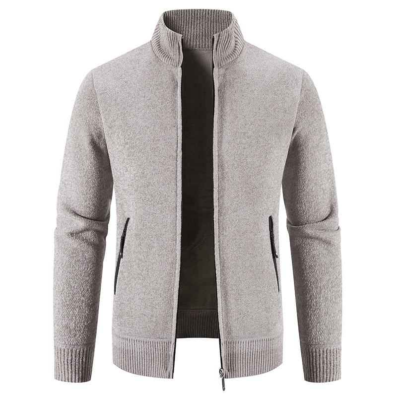

New Velvet Sweater Cardigan Men Stand Collar Mens Sweaters Fleece Thick Warm Knitted Sweater Coat Solid Zipper Pocket Cardigan 3XL світло-сірого кольору