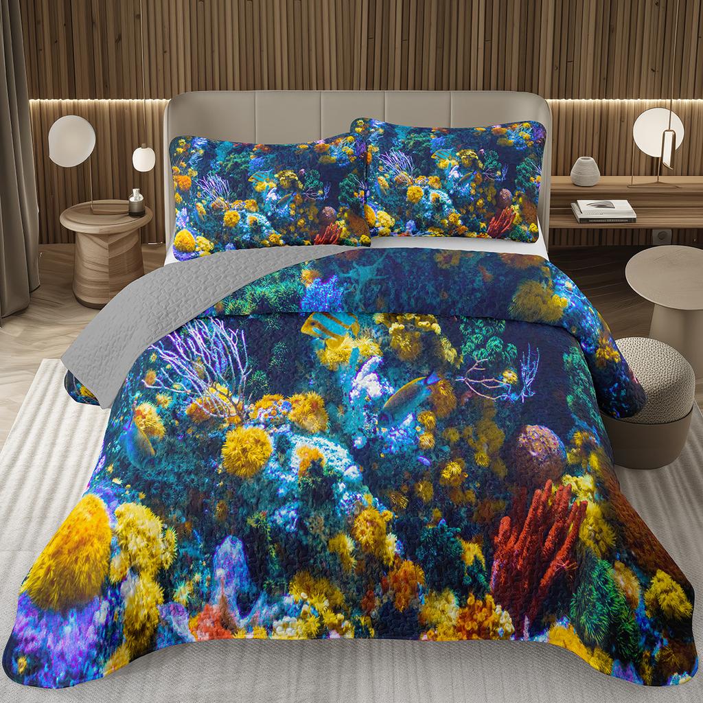 Fish Bedspread Twin Queen Ocean Marine Theme Coverlet Set for Boys Girls Teens Room Soft Lightweight Sea Animal Quilted Bedding