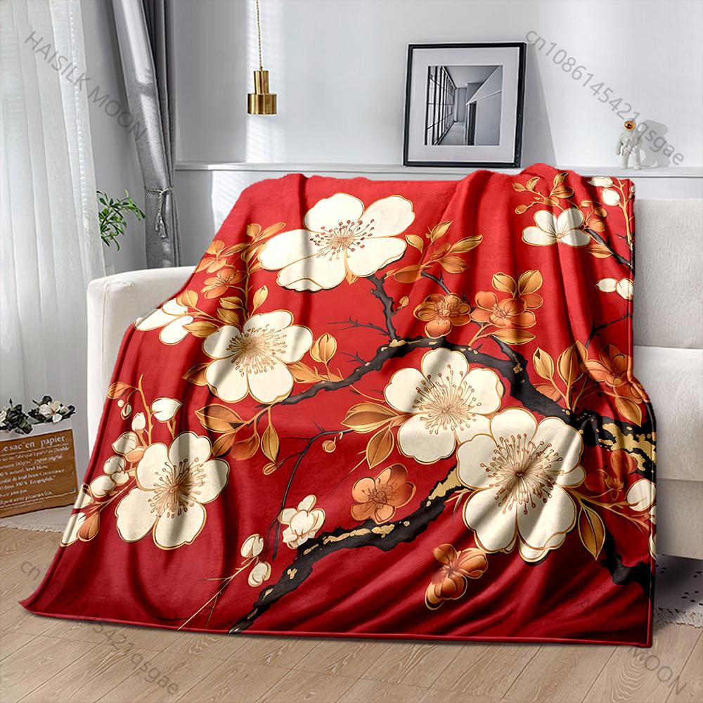 

Cherry Blossoms on Red Background Blanket Warm Soft Fluffy Kids Adult Luxury Gifts for Sofa Bed Home Outdoor Travel Camping 75x90cm