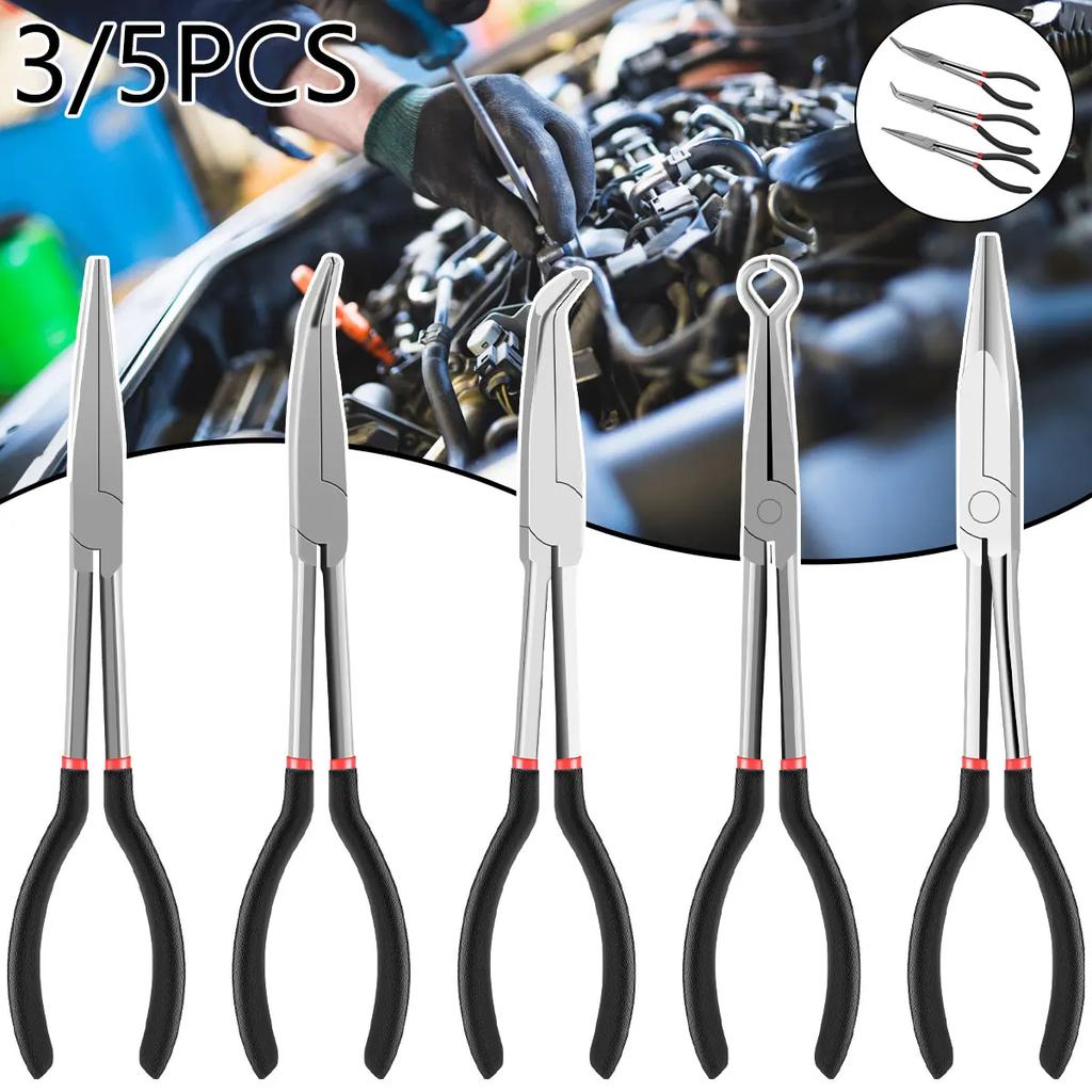3Pcs Needle Nose Pliers Set 11 Inch Carbon Steel Long Reach Pliers Non-slip Straight Bent Nose Pliers O-Shaped Circle Pliers