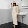 2025 Autumn Women's Casual Solid Color Knit Sweater Dress with Round Neck and Bell Sleeves