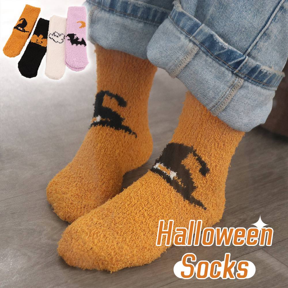 4pairs/set Soft Halloween Socks Coral Fleece Bat Ghost Mid-Calf Socks  Female