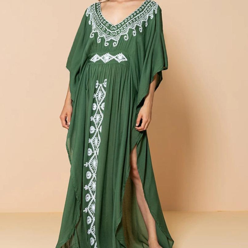 

Вышитый вискозный длинный пляжный халат-накидка One Size зелёный