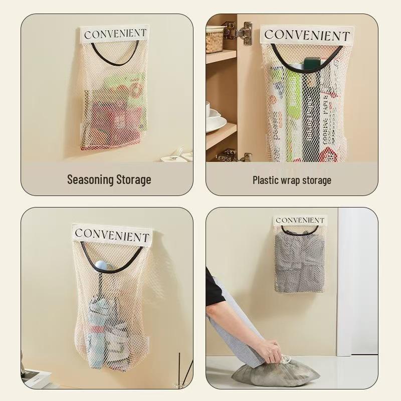 Wall-Mounted Kitchen Trash Bag Organizer with Velcro Mesh Pockets