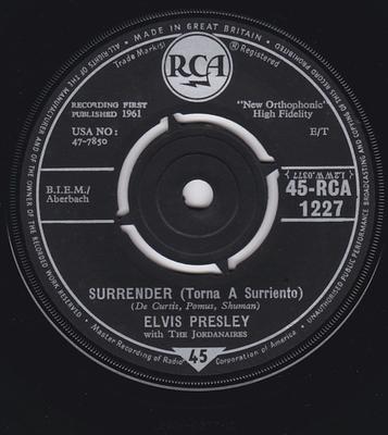 7inch Record ELVIS PRESLEY, THE JORDANAIRES - Surrender (Torna A Surriento) 45RCA1227 RCA 1961 UK Rock Used