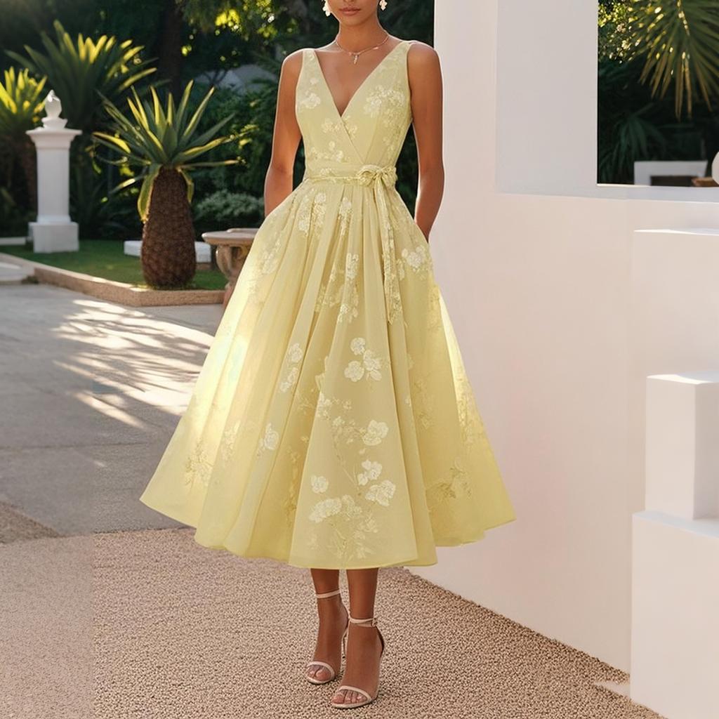 Sleeveless V Neck Floral Print Midi Dress Wrap Waist Tie Elegant Evening Party Dress for Women