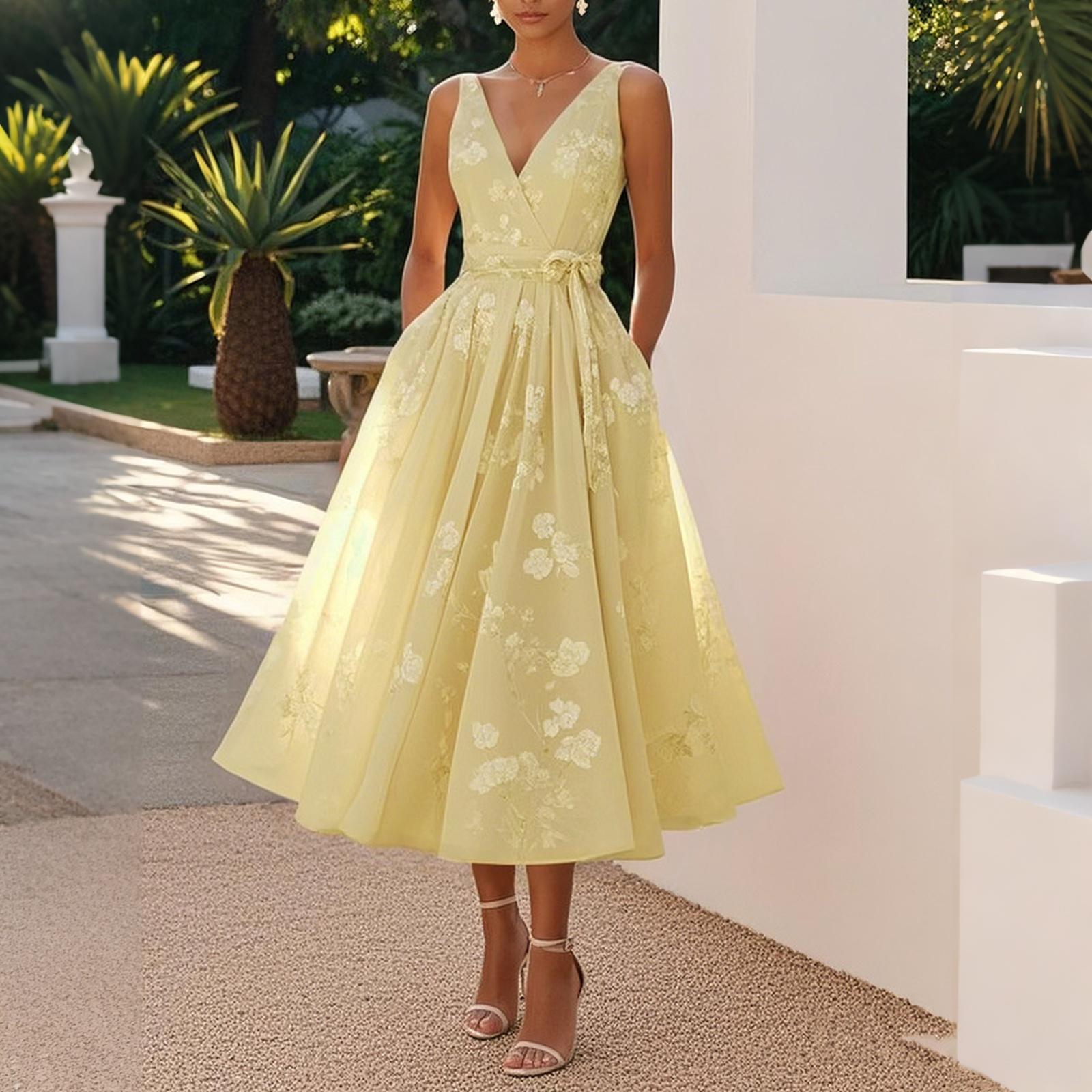 Sleeveless V Neck Floral Print Midi Dress Wrap Waist Tie Elegant Evening Party Dress for Women XXL