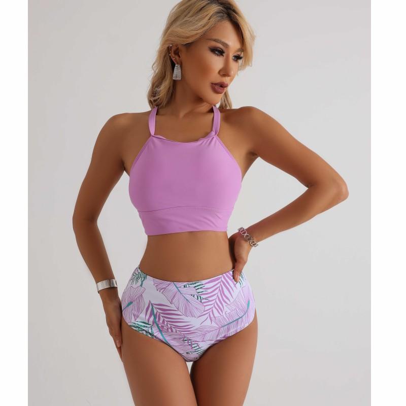 New bikini swimsuit women's sexy solid color printed split high waist belly hot spring swimsuit