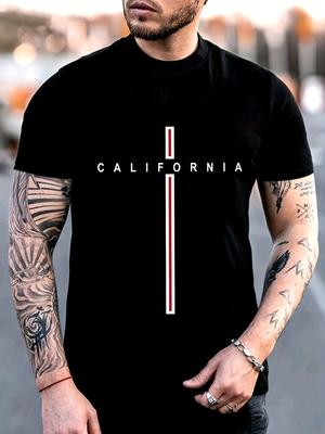 European Sizes Men's Yellow California Print T-Shirt - Oversized Casual Summer Short Sleeve Round Neck Tee with California State Outline & Text