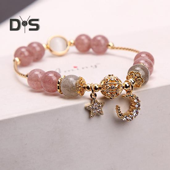Women Bracelet Smooth Bead Polished Star Moon Pendant Rhinestone Adjustable Shopping Work Party Dating Wrist Chain Lady Jewelry